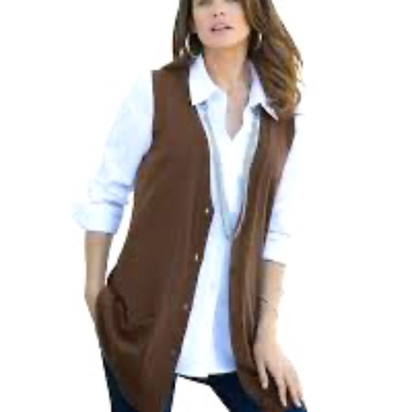 Roaman's Chocolate Brown Fine Gauge Drop Needle Cardigan Sweater Vest 1X 22/24 - Picture 1 of 15